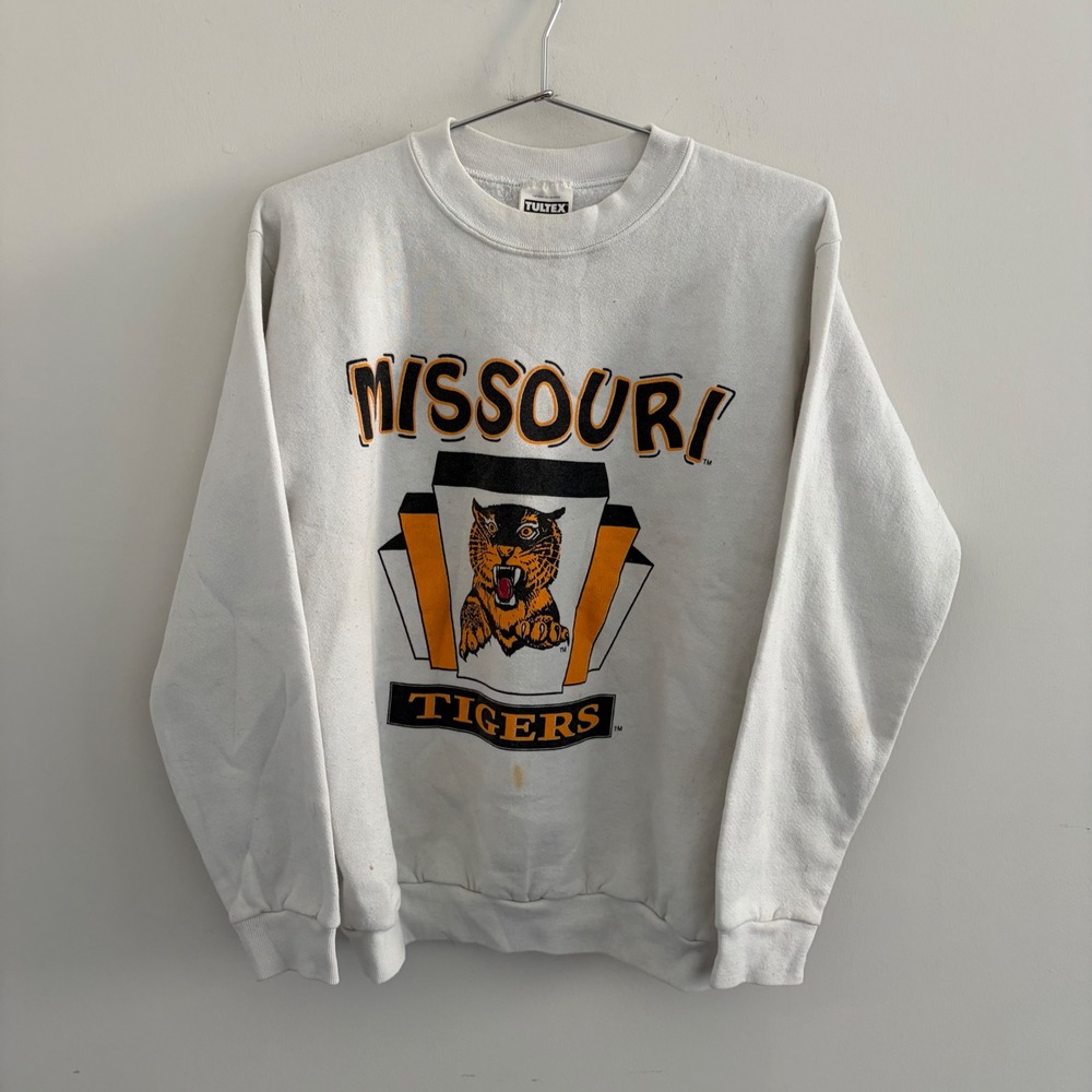 Vintage Tultex Missouri Tigers Sweatshirt White Medium NCAA 90s Graphic Pullover